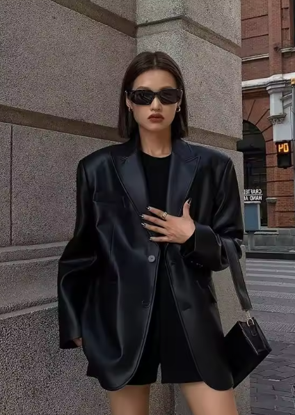 Brown Soft PU Leather Blazer Jacket Motorcycle Long Sleeve Single Breasted Casual Coat Top for Autumn High Streetwear 2025