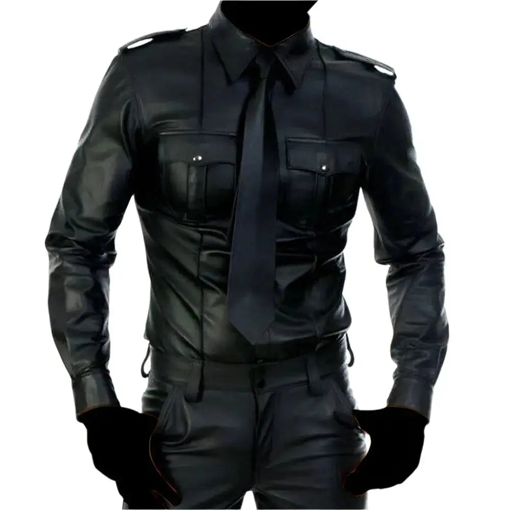 Mens Black Leather Police Shirt