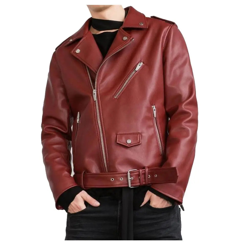 Men's Slim Fit Glossy Red USA Biker Leather Jacket