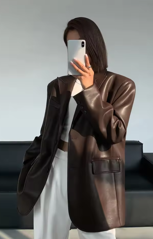 Brown Soft PU Leather Blazer Jacket Motorcycle Long Sleeve Single Breasted Casual Coat Top for Autumn High Streetwear 2025