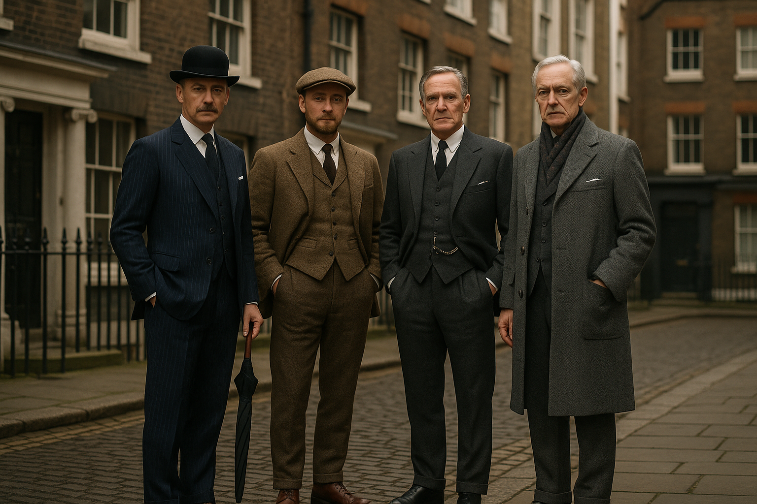give with 3-4 british man that they are wearing their classic outifts 