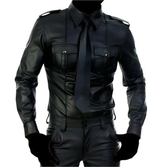 Mens Black Leather Police Shirt