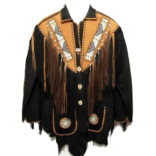 Men's Suede Leather Cowboy Coat with Fringes & Beads