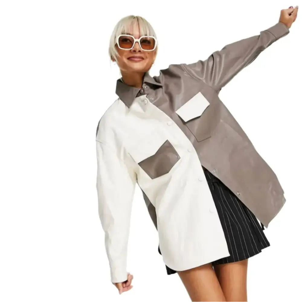 Women's White and Gray Leather Shirt