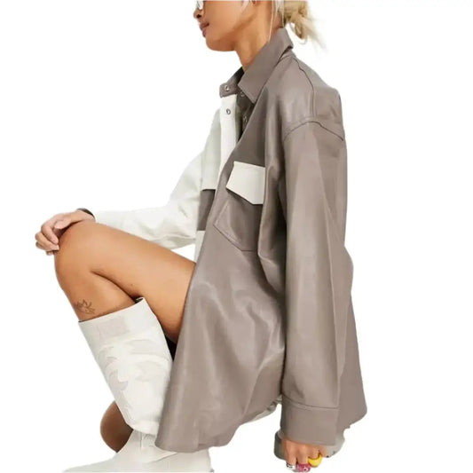 Women's White and Gray Leather Shirt